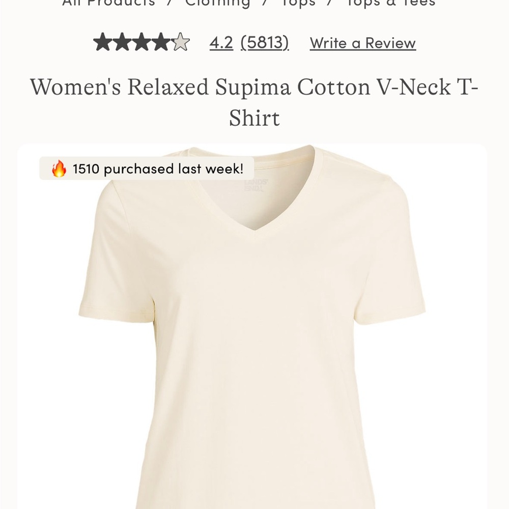 Lands End Women's Relaxed Supima Cotton V-Neck T-Shirt